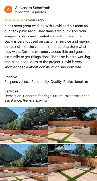 Google review 1 for Tampa Concrete Creations